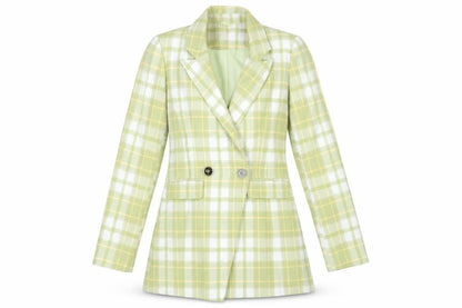 Front view of ASOS Women's Green Check Double-Breasted Blazer, size 6