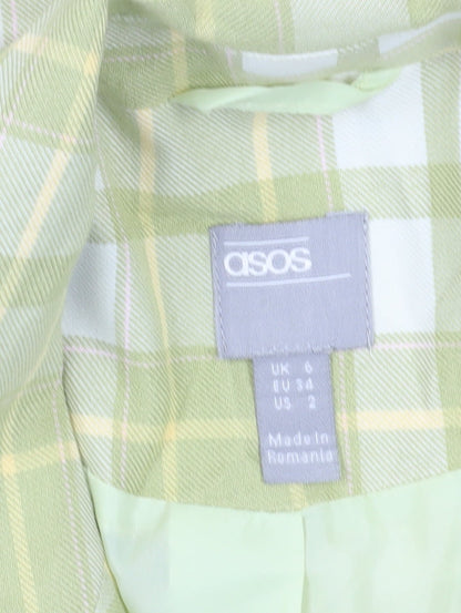 Brand and care label for ASOS Women's Green Check Double-Breasted Blazer, size 6