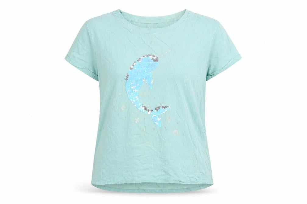 Front view of Gap girls’ blue sequin graphic t-shirt xl, round neck casual