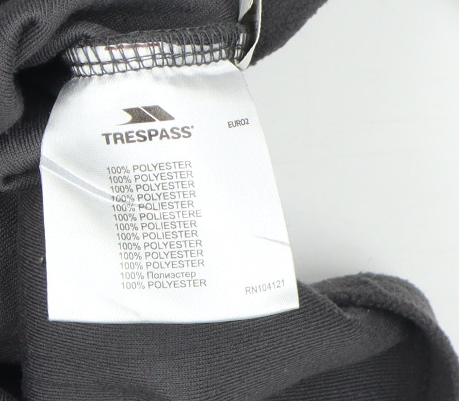 Brand and care label for Trespass boys’ black fleece 1/4 zip sweatshirt 11-12 years