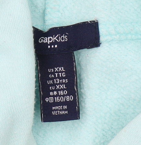 Close-up detail of Gap girls’ blue hoodie pullover -, size 13, years