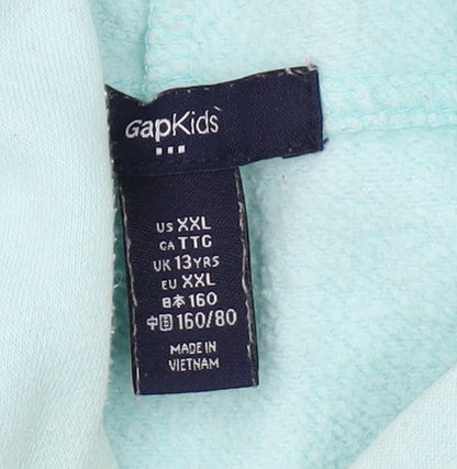 Close-up detail of Gap girls’ blue hoodie pullover -, size 13, years