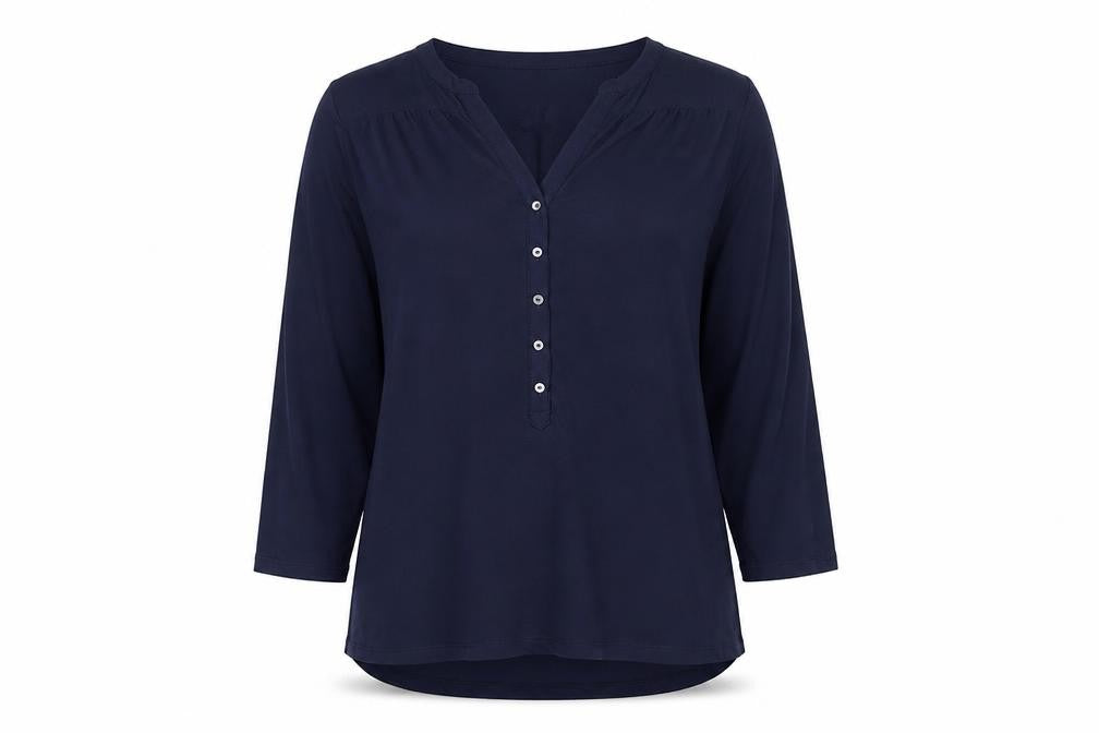 H&M Women's Blue Henley Blouse, Size 12, 3/4 Sleeve