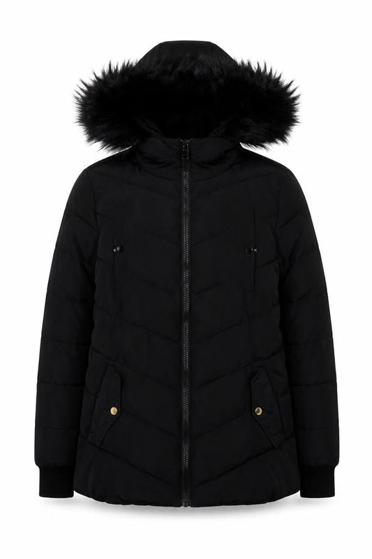 Front view of Miss Selfridge Women's Black Puffer Jacket, size 10