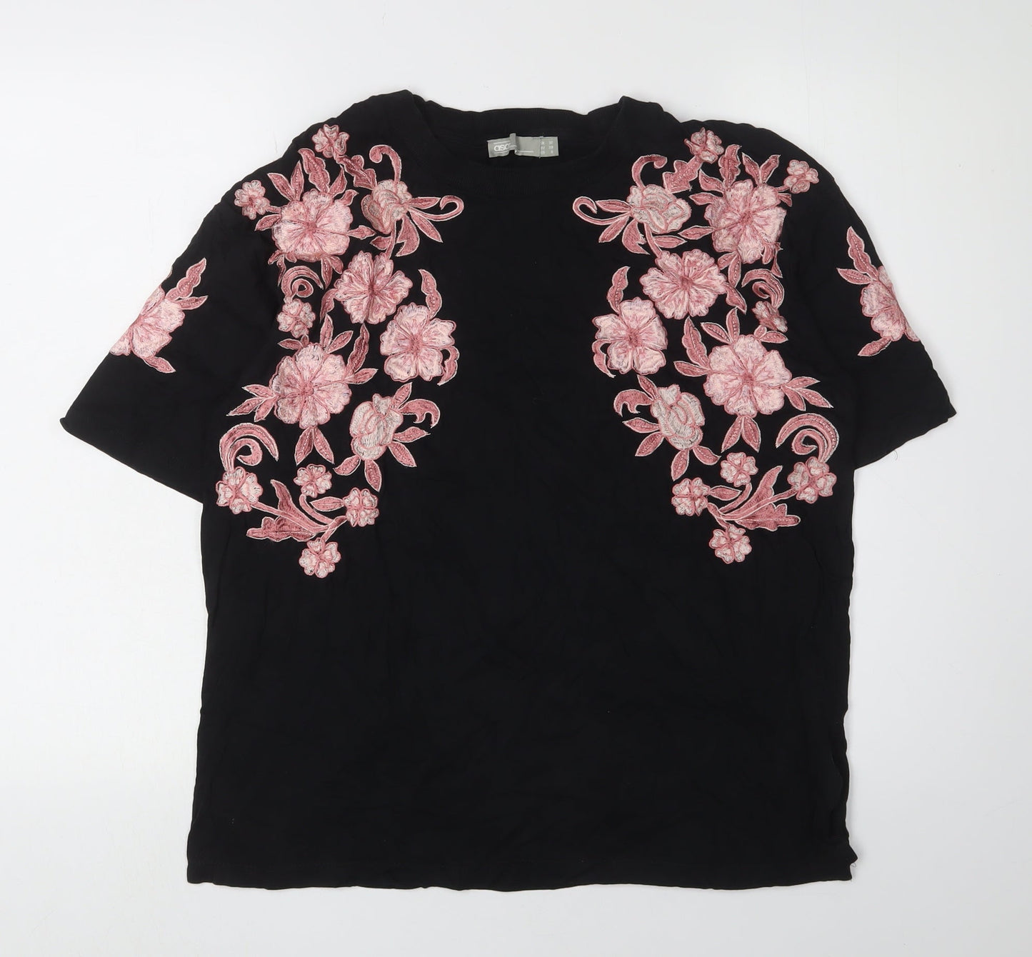 Asos Women's Black Floral Embroidered T-Shirt UK 10