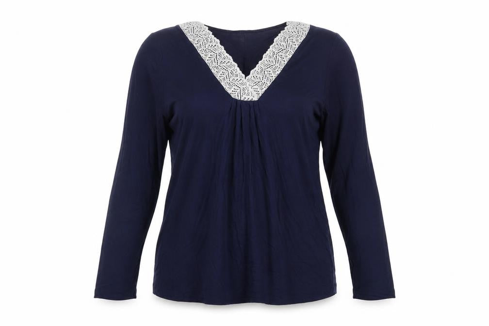 John Lewis Blue Long Sleeve Blouse Women Size 14 Crochet V-Neck