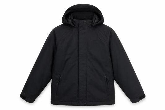 Front view of Hi Gear boys’ black hooded rain coat -, size 7-8