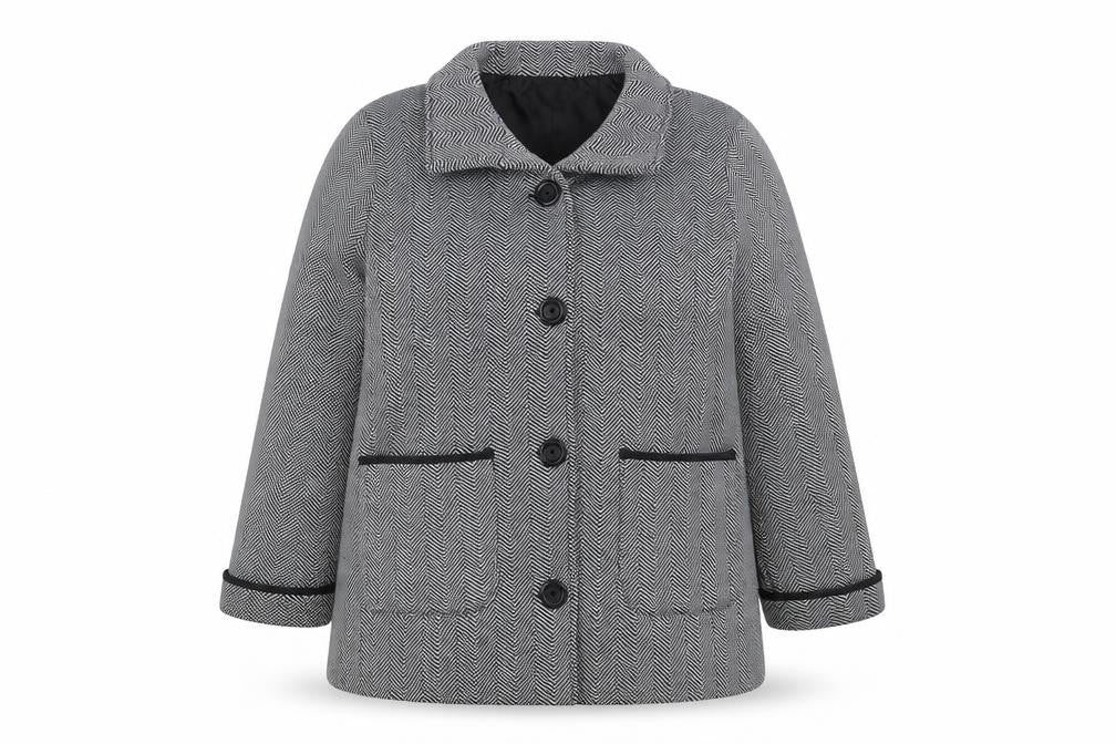 Anne de Lancay Women's Black Long Coat Size 18 Herringbone Button