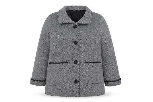 Front view of Anne de Lancay Women's Black Long Coat, size 18, Herringbone Button