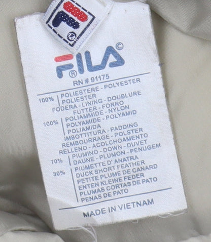 Brand and care label for Fila Men's Beige XL Puffer Jacket with Zipped Pockets