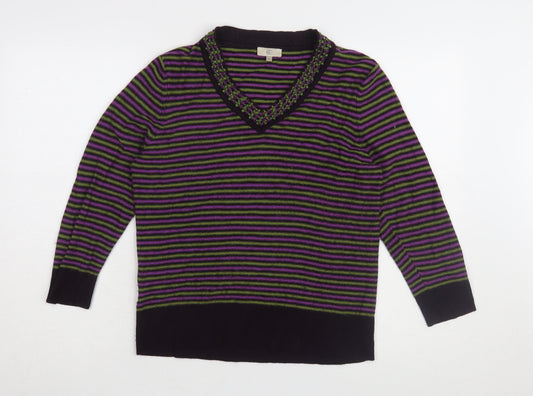 CC Women's Multicoloured Striped V-Neck Jumper - M