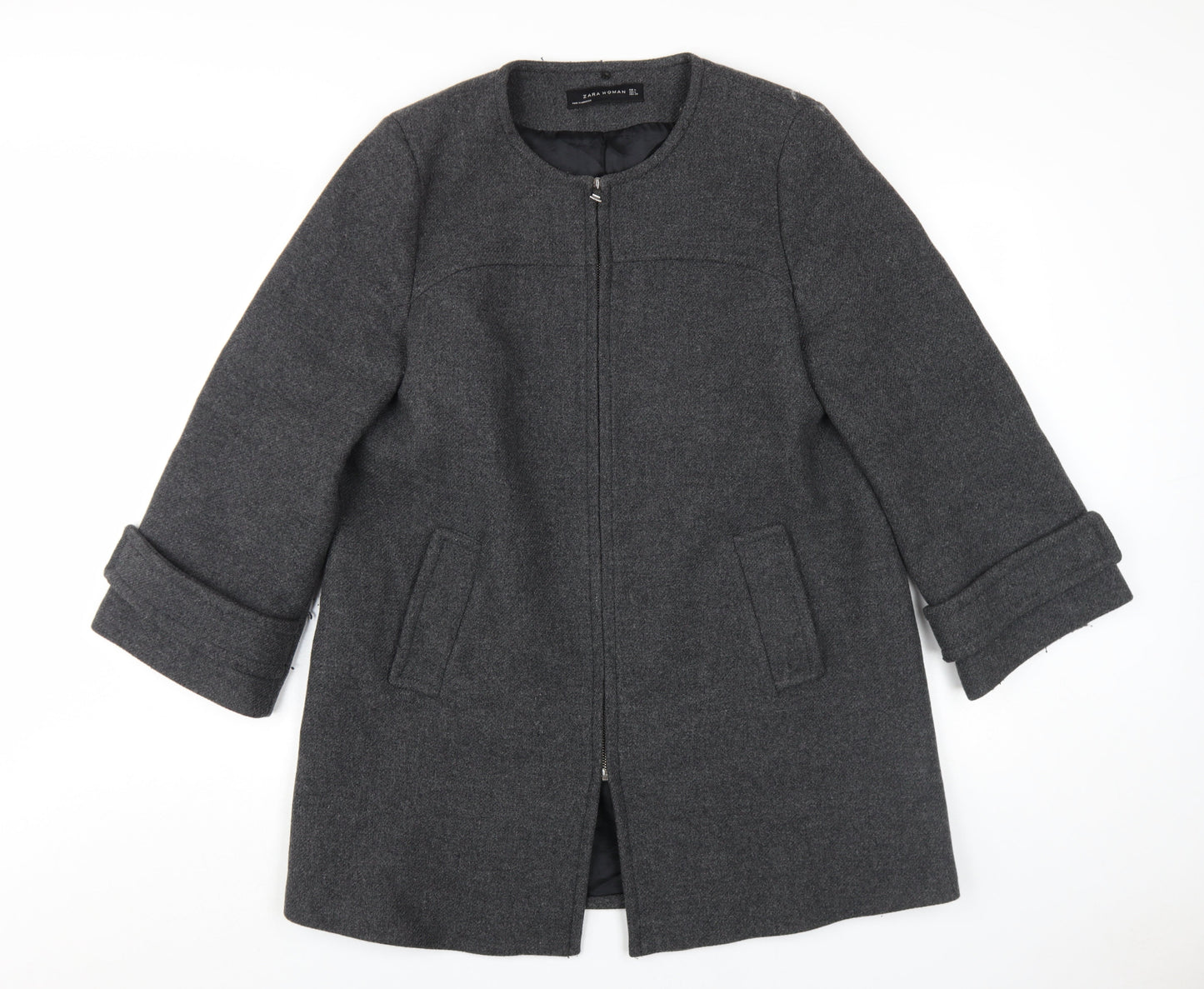 Zara Women's Grey Wool Overcoat Size 14 - Chic Winter Style