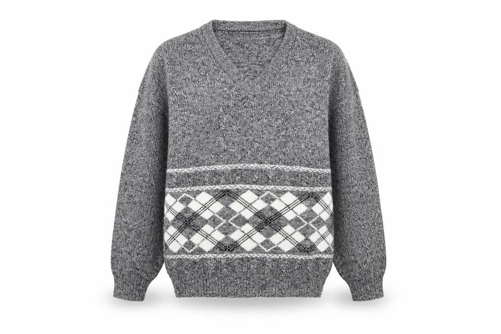 Menswear Men's Grey Argyle V-Neck Pullover Jumper Size M