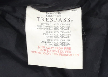 Brand and care label for Trespass boys’ black ski jacket age 9-10 insulated hooded