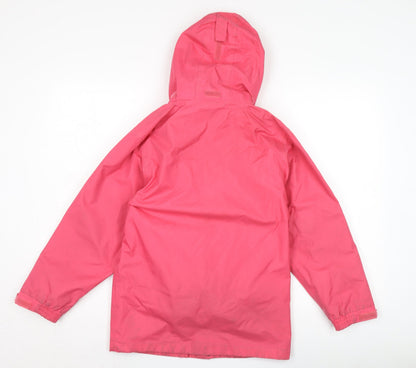 Back view of Higear girls’ pink rain coat 9-10 years hooded zip jacket