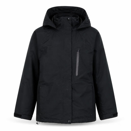 Front view of Hi Gear boys’ black parka jacket 9-10 years hooded waterproof