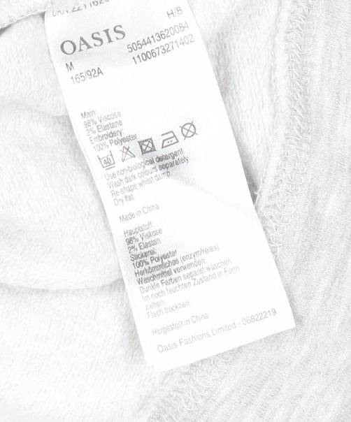 Oasis Women's Grey T-Shirt, Size M, Embroidered Sleeve
