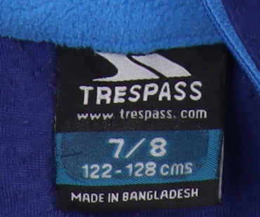 Close-up detail of Trespass boys’ blue 1/4 zip fleece sweatshirt 7-8 years