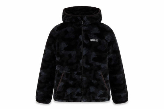 Front view of Regatta boys’ black camouflage puffer jacket 11-12 years