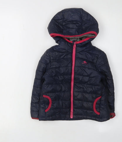 Additional front view of Decathlon girls’ blue puffer jacket 2-3 years hooded lightweight