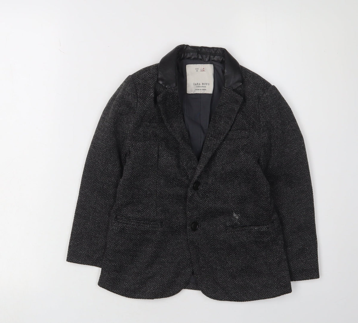 Additional front view of Zara boys’ black suit jacket 6 years wool herringbone classic