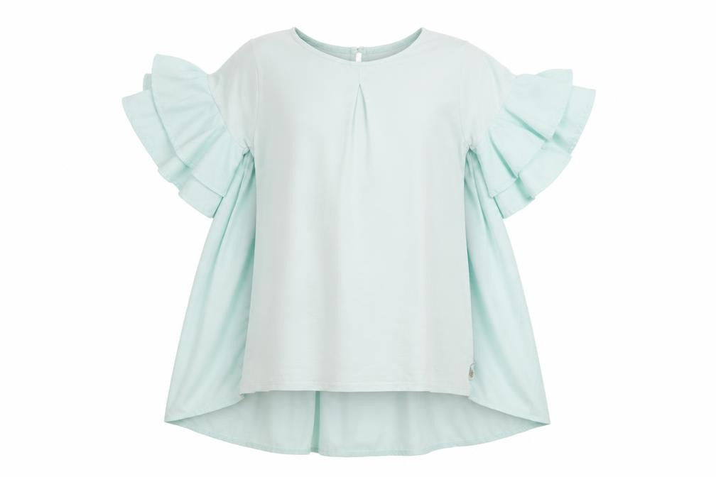 Front view of Baker by Ted Baker girls’ green tunic blouse 12-13y, ruffle sleeves