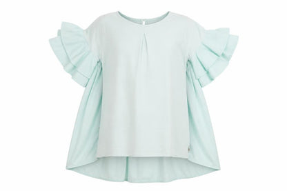 Front view of Baker by Ted Baker girls’ green tunic blouse 12-13y, ruffle sleeves