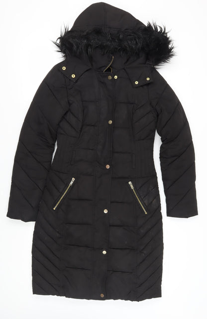 Oasis Women's Black XS Puffer Jacket Hooded Long Coat