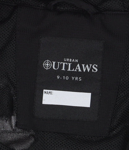 Brand and care label for Urban Outlaws boys’ black hooded jacket 9-10y