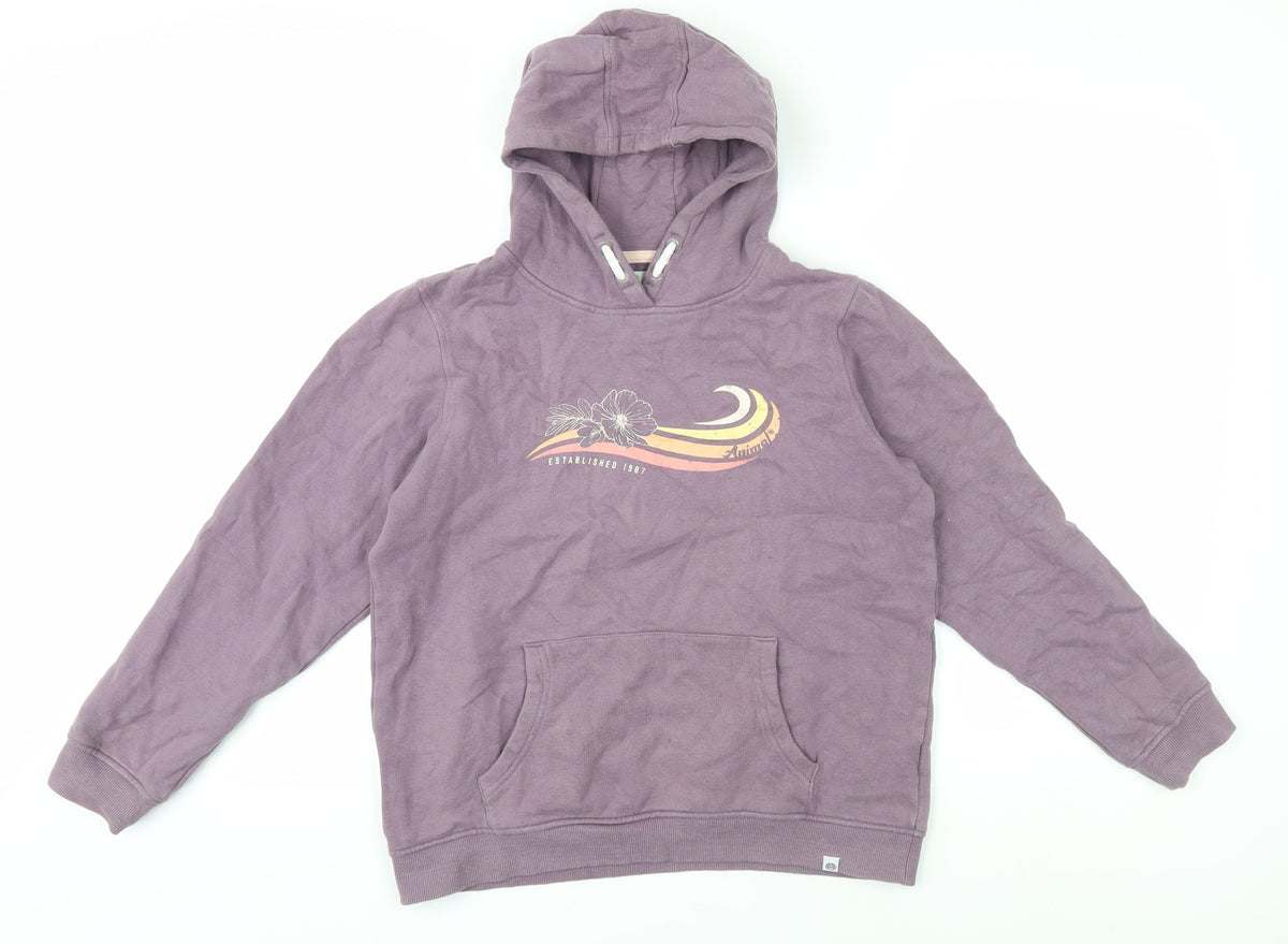 Additional front view of Animal girls’ purple pullover hoodie, size 13, years graphic print