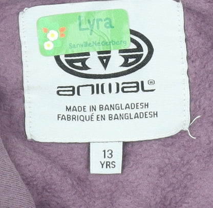 Close-up detail of Animal girls’ purple pullover hoodie, size 13, years graphic print