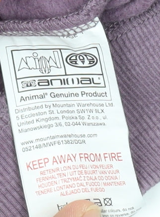 Brand and care label for Animal girls’ purple pullover hoodie, size 13, years graphic print