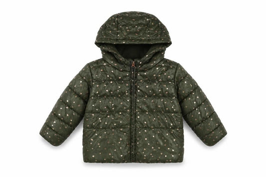 Front view of Canada House girls’ green heart puffer jacket 24m