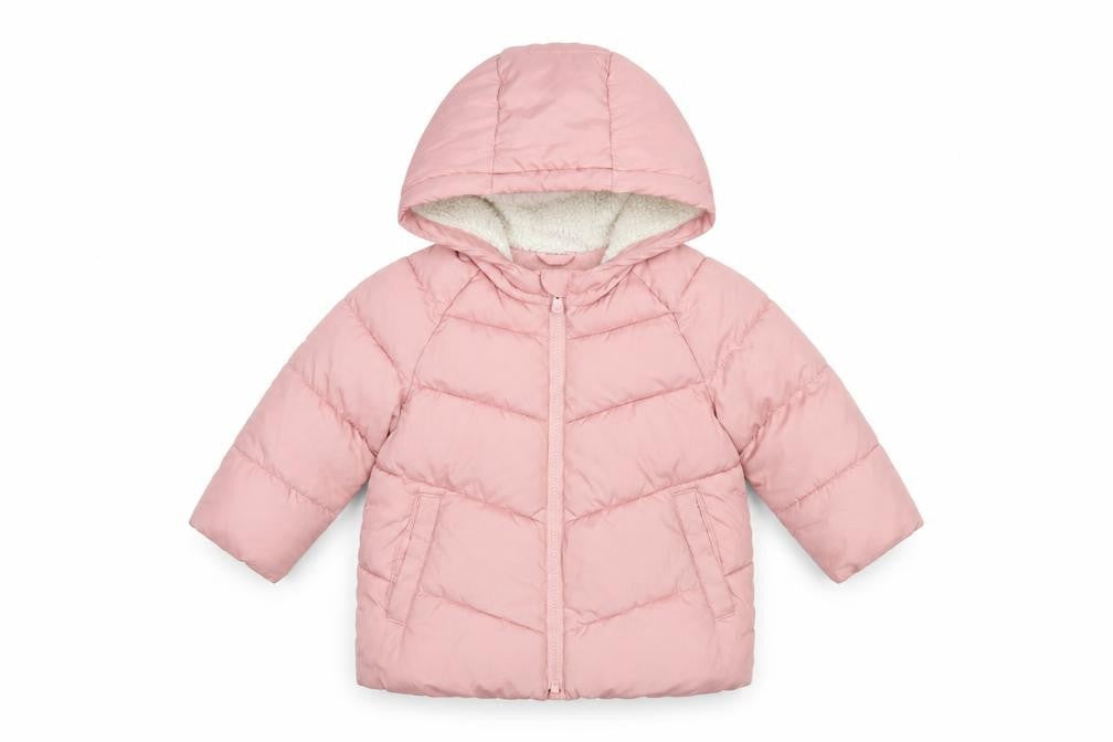 Front view of Gap girls’ pink puffer jacket, 2 years, hooded, quilted