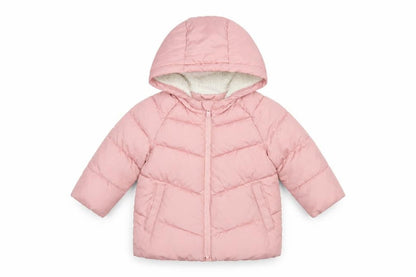 Front view of Gap girls’ pink puffer jacket, 2 years, hooded, quilted