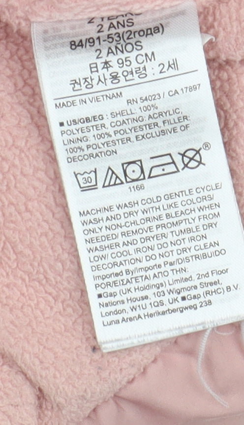 Brand and care label for Gap girls’ pink puffer jacket, 2 years, hooded, quilted