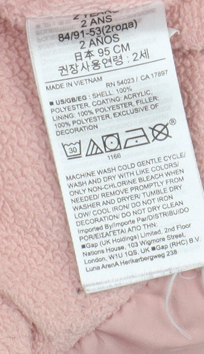 Brand and care label for Gap girls’ pink puffer jacket, 2 years, hooded, quilted