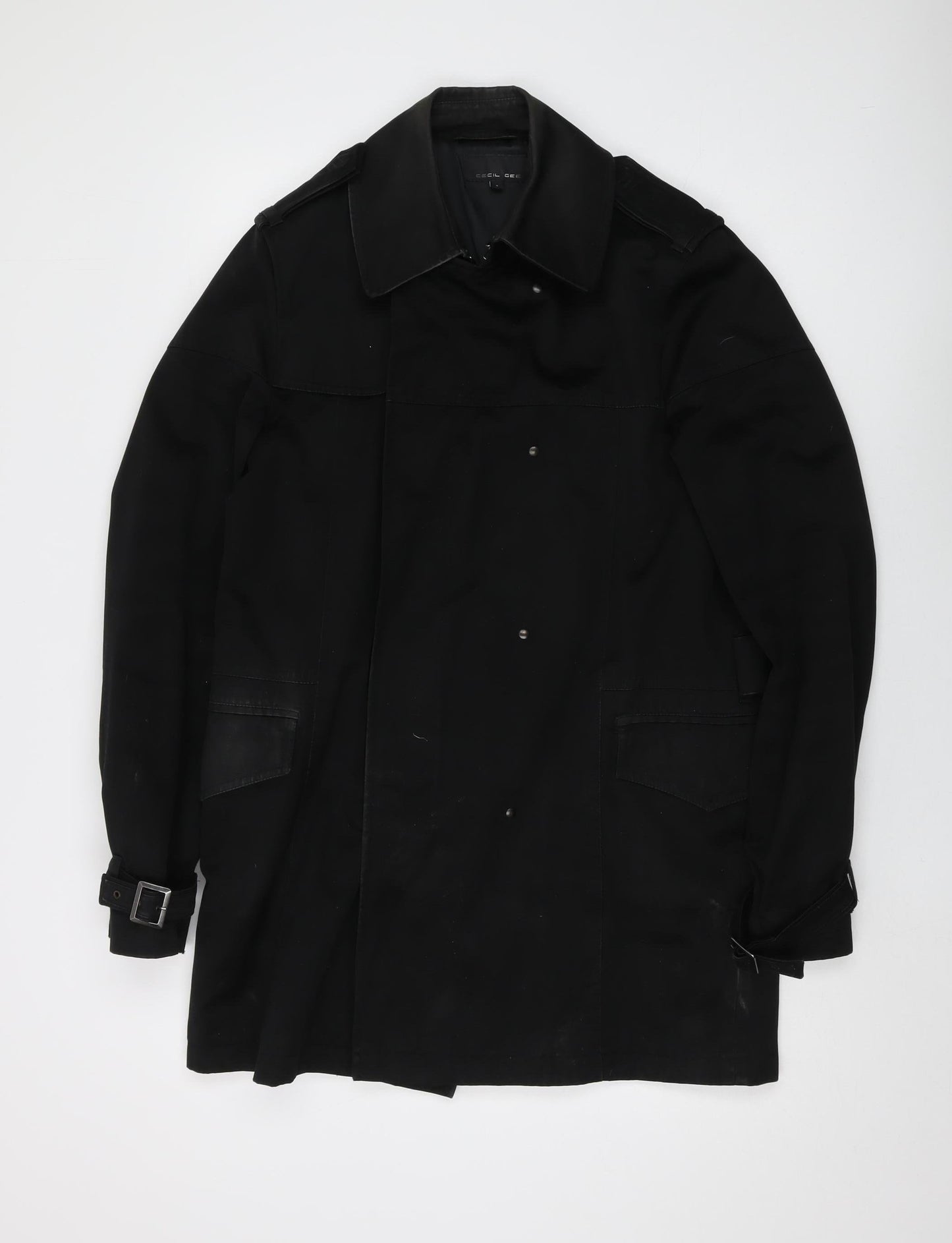 Cecil Gee Men's Black S Trench Coat Belted Long Cotton
