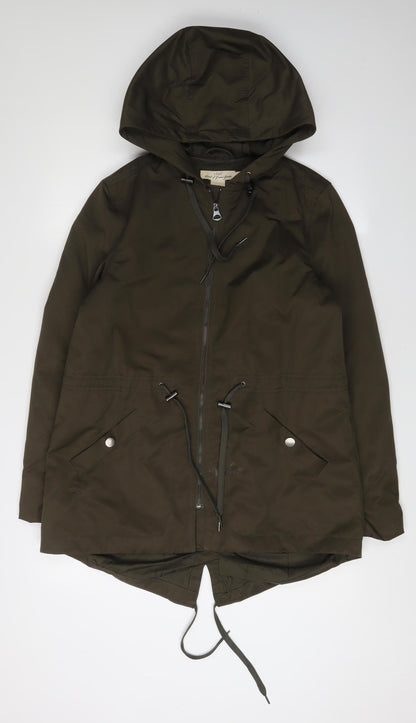 H&M Women's Green Parka Jacket with Hood and Zip, Size 8