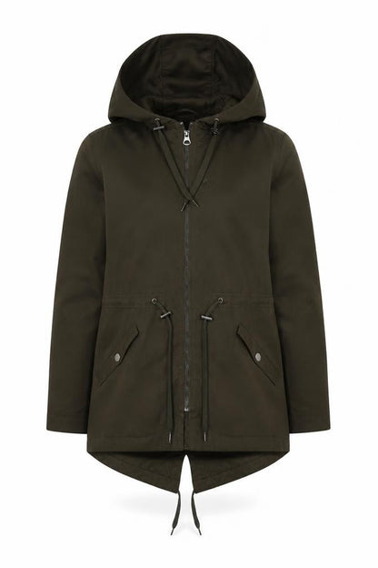 H&M Women's Green Parka Jacket with Hood and Zip, Size 8