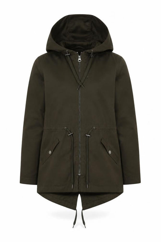 H&M Women's Green Parka Jacket with Hood and Zip, Size 8