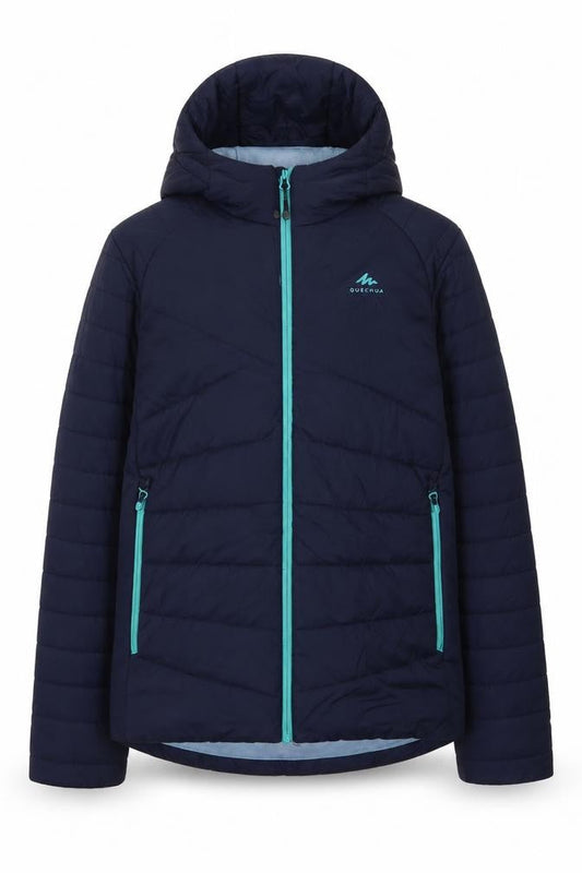 Front view of Decathlon boys’ blue puffer jacket, size 14, hooded winter outerwear
