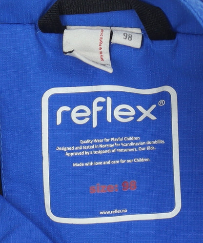 Brand and care label for Reflex boys’ blue waterproof sweatsuit, size 3, years