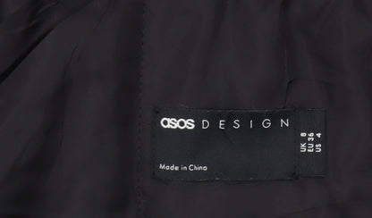 Brand and care label for ASOS Women's Black Hooded Parka Jacket, size 8