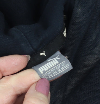 Brand and care label for Puma boys’ black hoodie pullover 16 years - logo, hooded