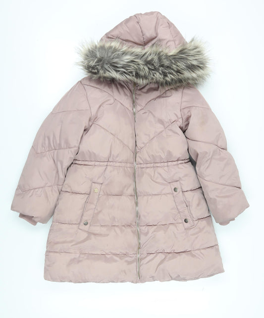 Next Girls Pink Puffer Jacket with Fur Trim Hood Size 10