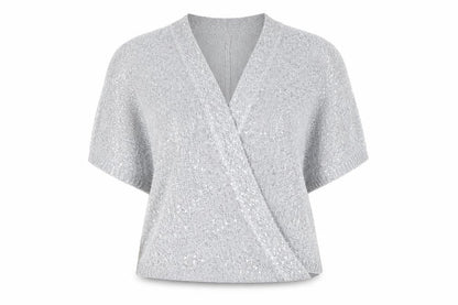 Front view of Roman Women's Silver Sequin Wrap Jumper, size 14