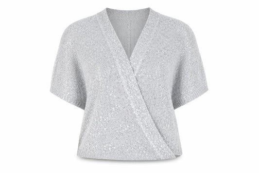 Front view of Roman Women's Silver Sequin Wrap Jumper, size 14