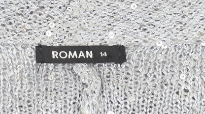 Brand and care label for Roman Women's Silver Sequin Wrap Jumper, size 14