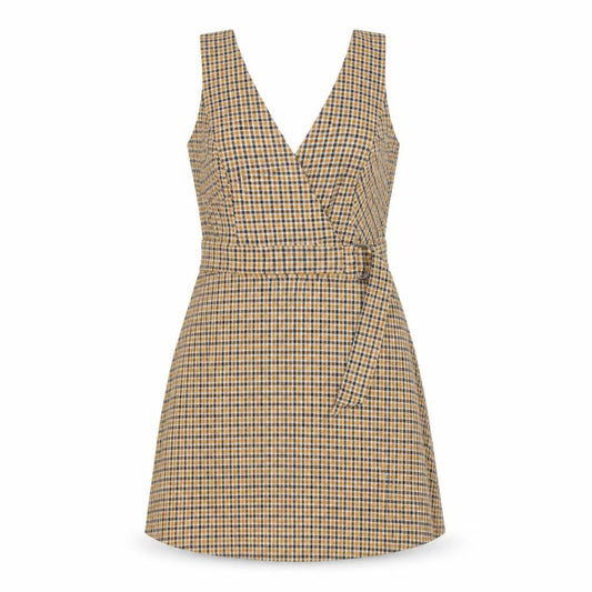 Miss Selfridge Women Beige Check V-Neck Mini Pinafore Dress UK6